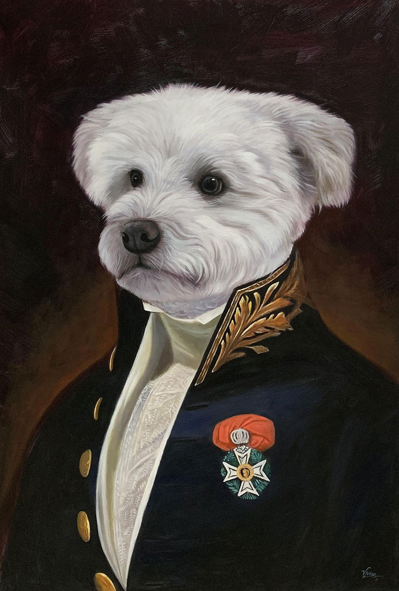 Painting of a white dog in a military-style uniform