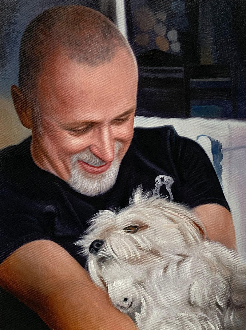 Oil painting of a man with a white dog