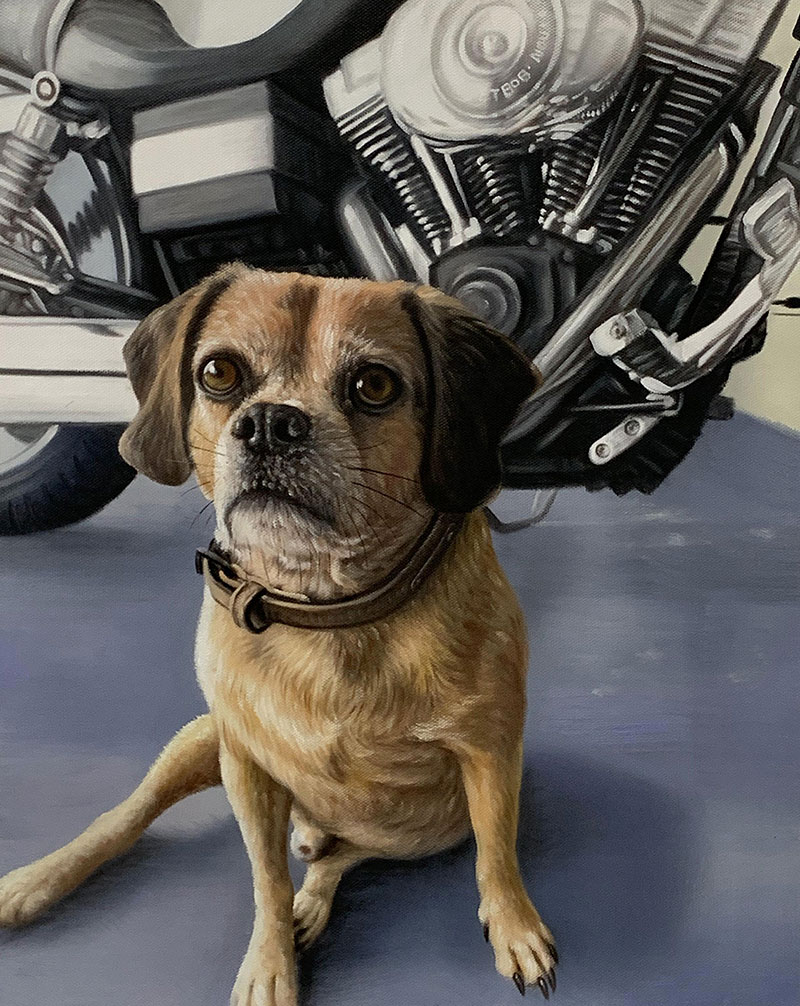 Painting of a small, light brown dog sitting in front of a motorcycle engine.