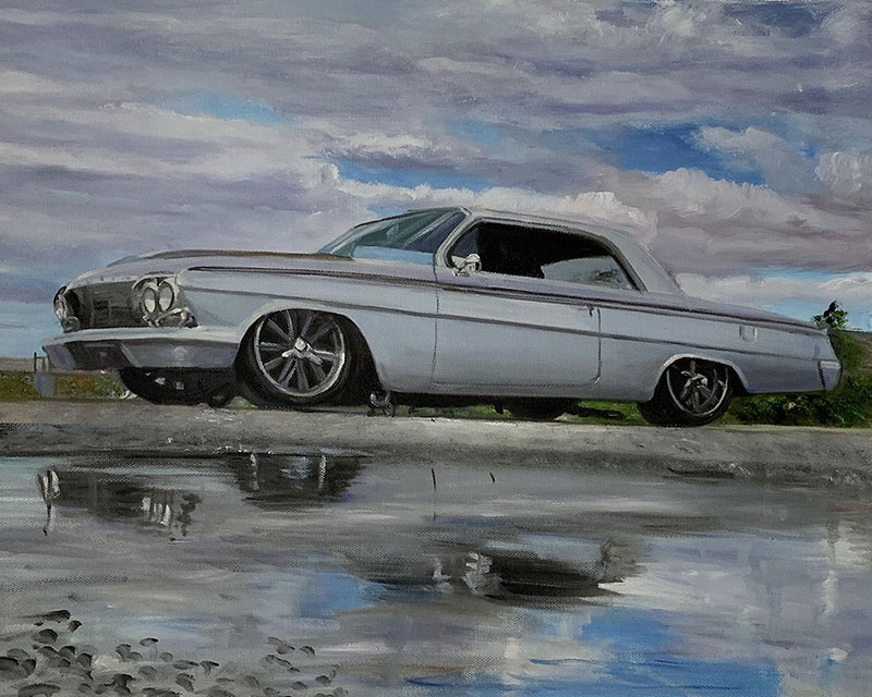 Vintage oil painting of an old car