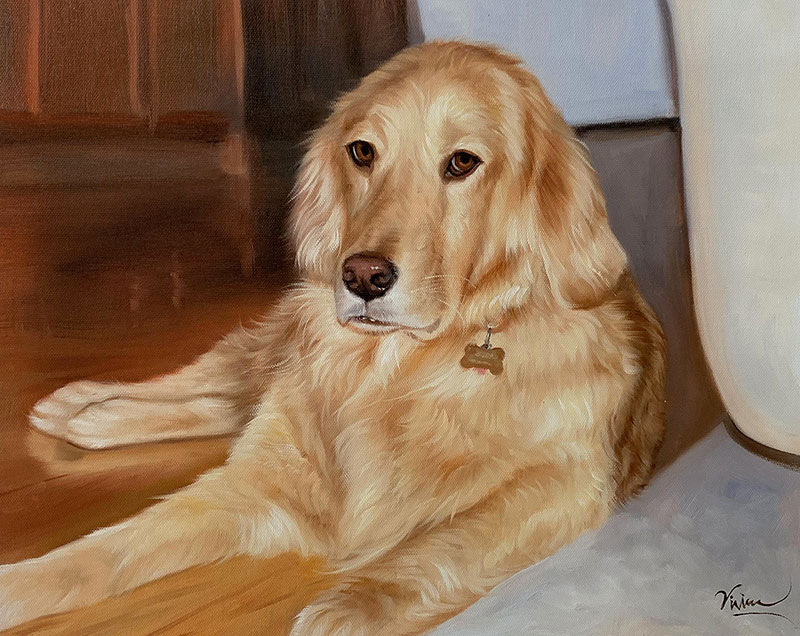 Painting of a Golden Retriever lying on a hardwood floor.
