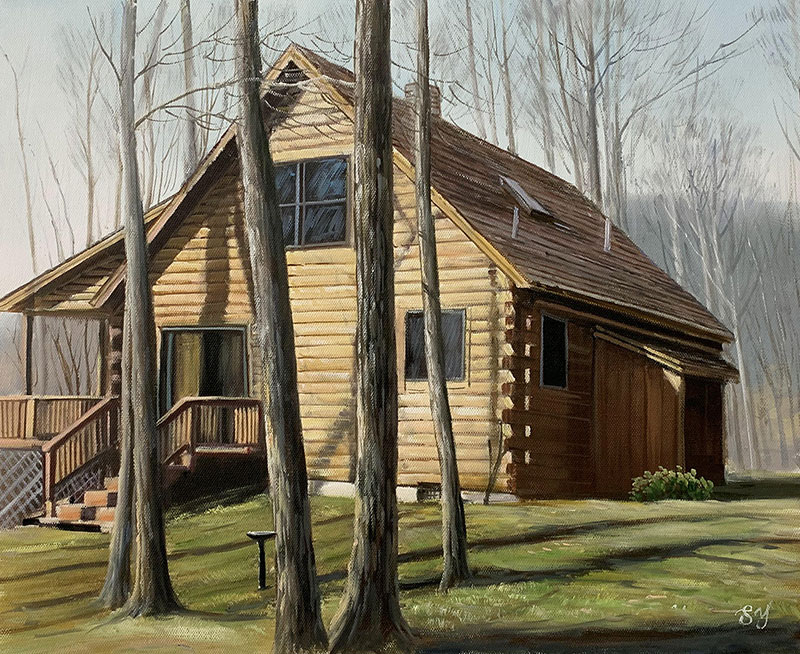 oil painting of a house in the forest