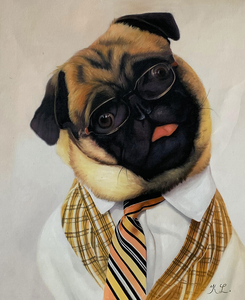 Painting of a pug wearing glasses, a vest, and a tie.