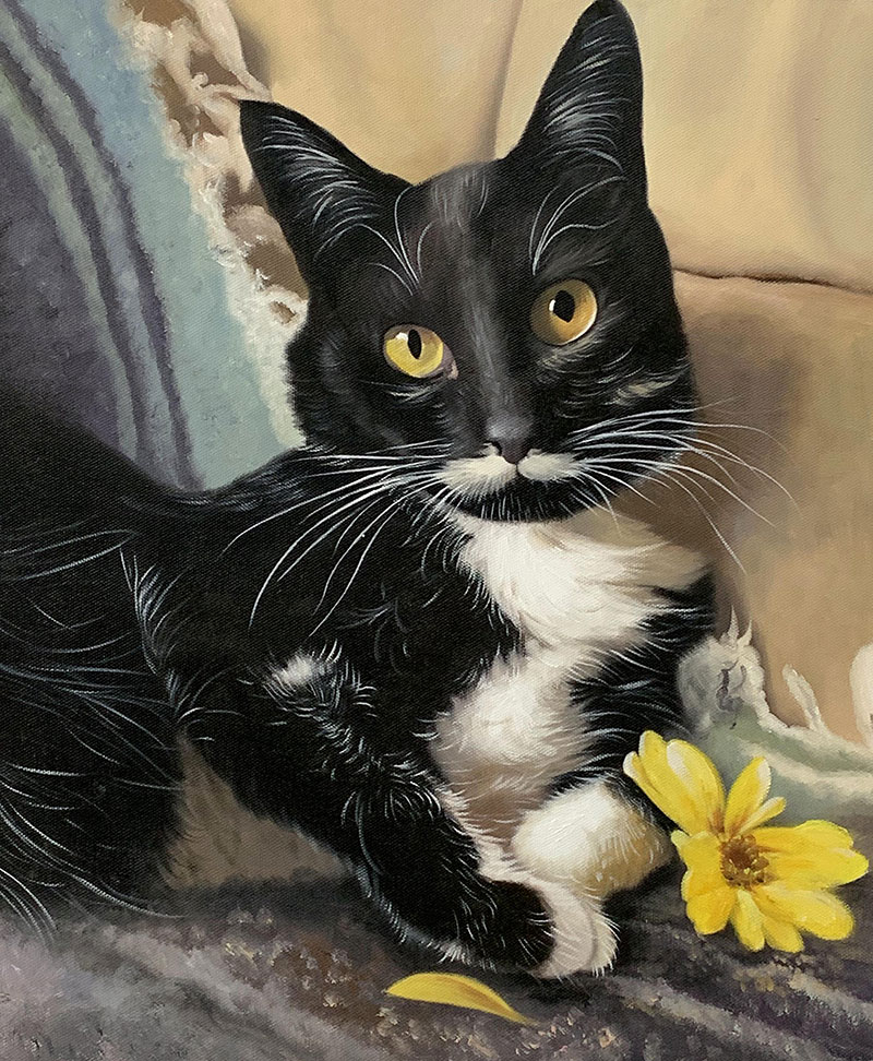 Personalized oil portrait of a cat with the flower