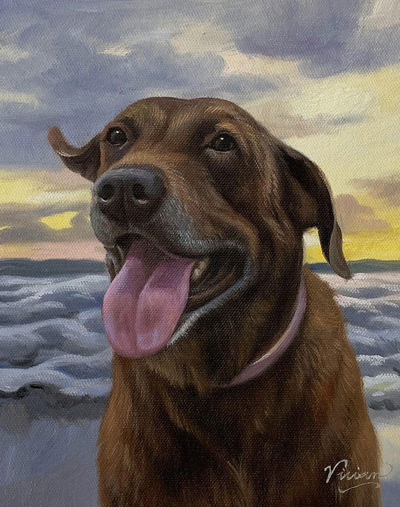 Painting of a brown Labrador Retriever at the beach at sunset.