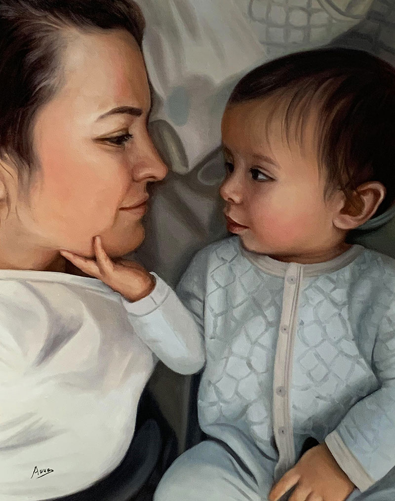 custom oil portrait of mother and baby looking at each other