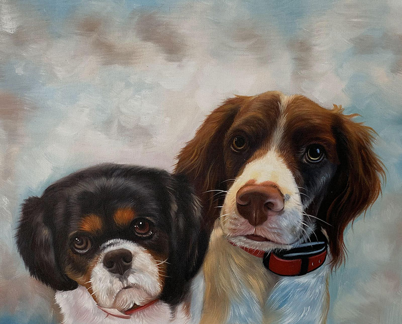 Painting of two dogs, a Cavalier King Charles Spaniel and a Springer Spaniel.