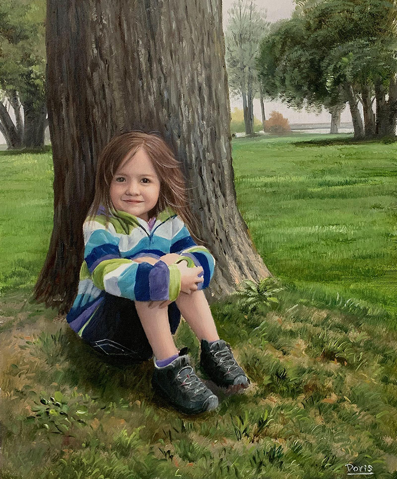 Custom oil painting of a child by the tree