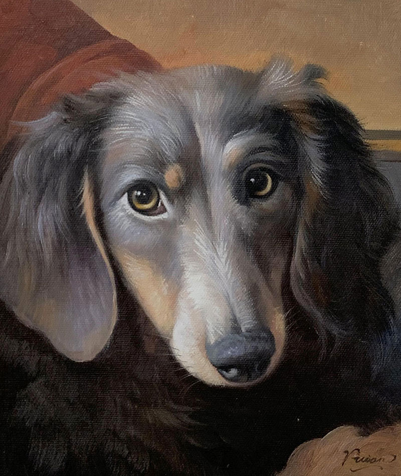 Painting of a longhaired dachshund looking at the viewer