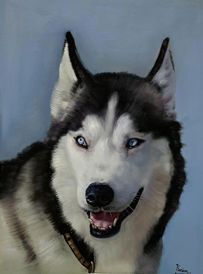 Painting of a Siberian Husky with blue eyes