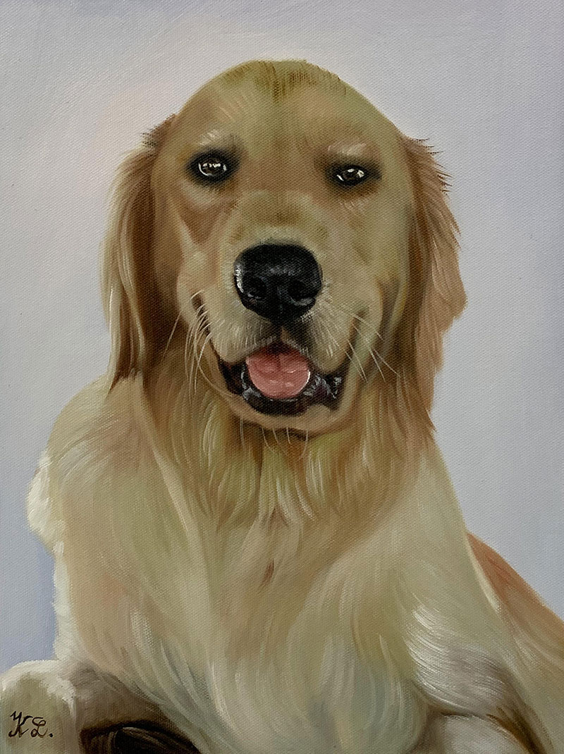 Painting of a happy Golden Retriever.
