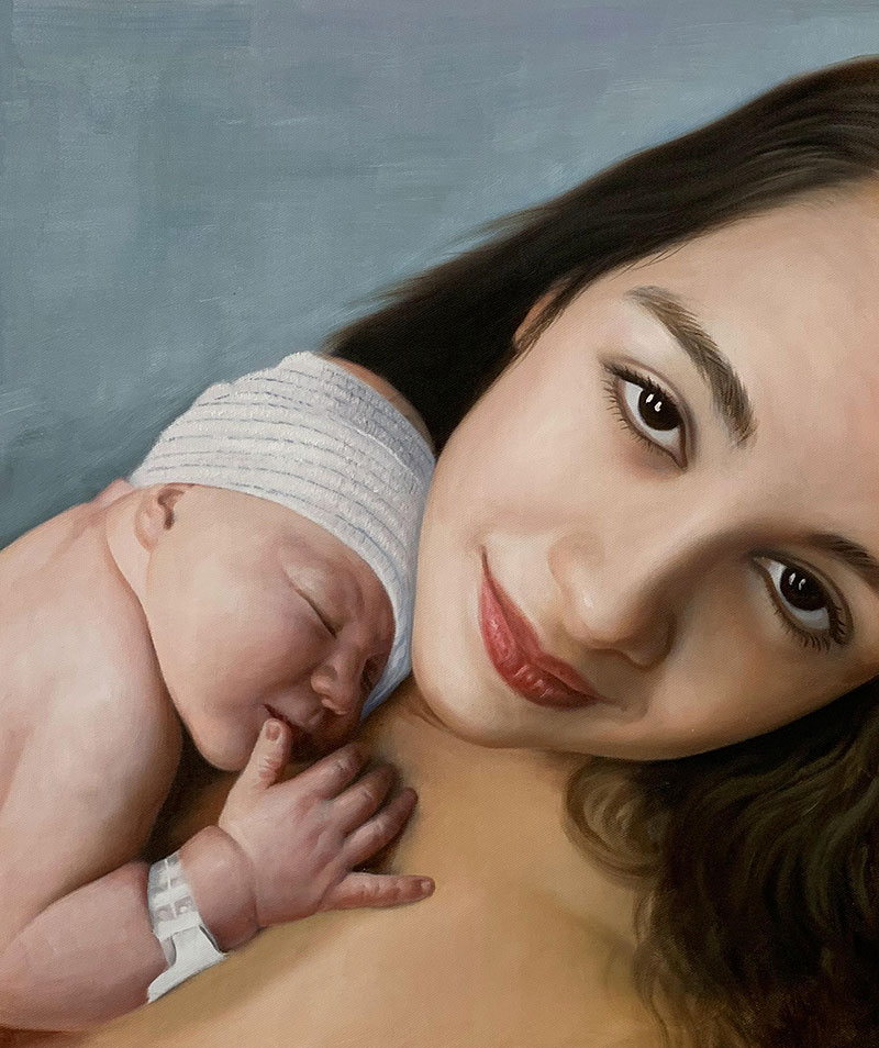 Gorgeous oil painting of a mother and a newborn baby