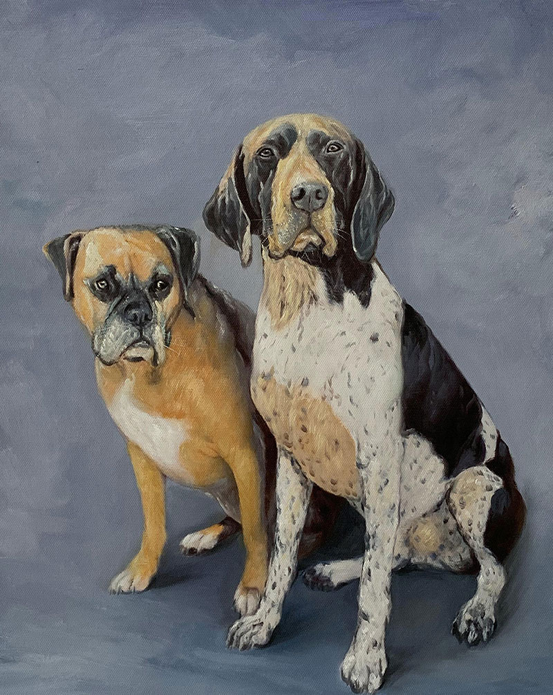 Painting of a Boxer and a Pointer sitting side-by-side.