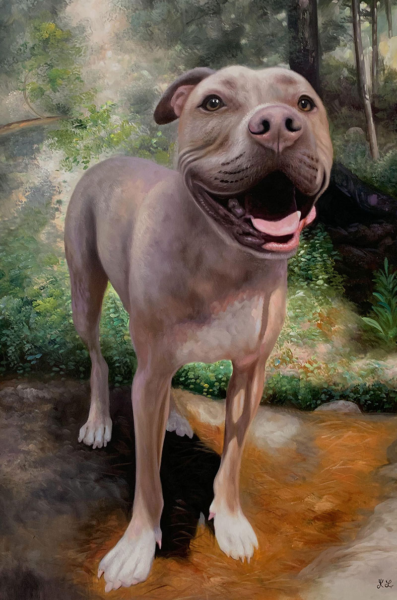 Painting of a smiling pit bull in a forest setting.