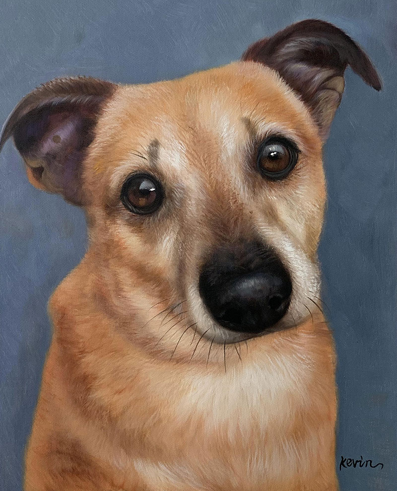 Painting of a light brown dog looking at the viewer.