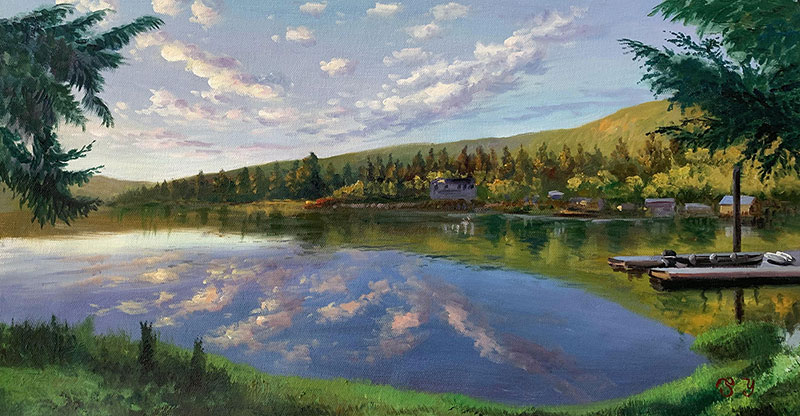 oil portrait of a beautiful lake
