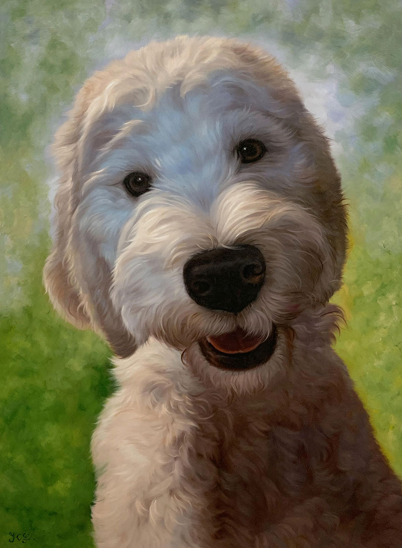 Painting of a fluffy white dog smiling.