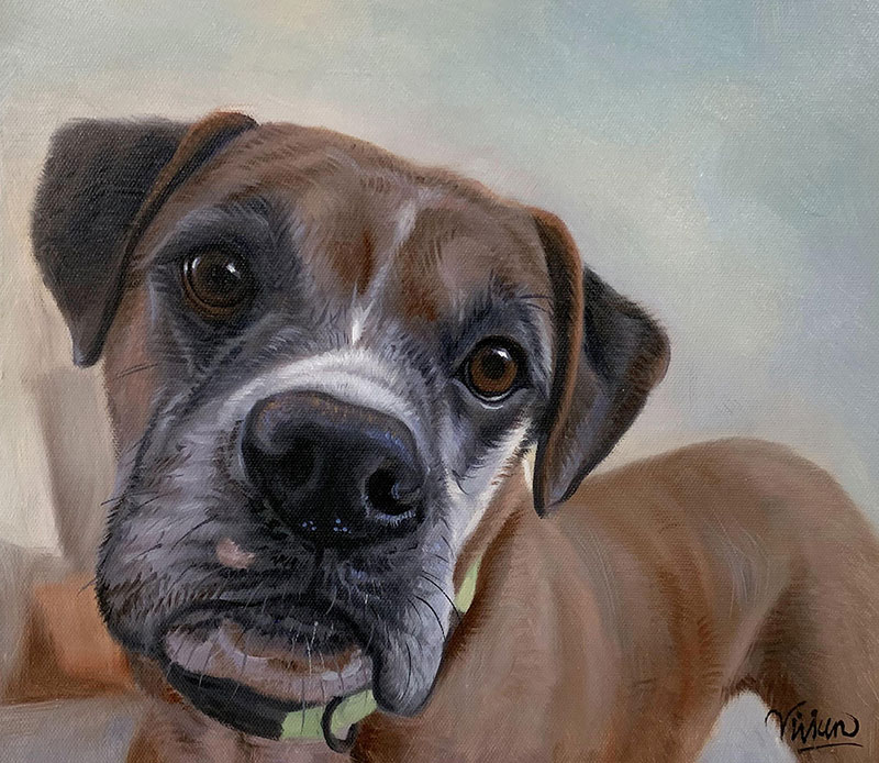 Painting of a Boxer dog looking at the viewer.