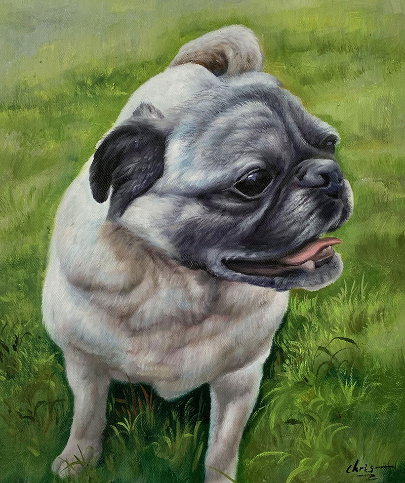 Painting of a light gray pug standing in green grass.