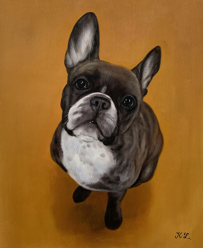 Painting of a French Bulldog looking up at the viewer