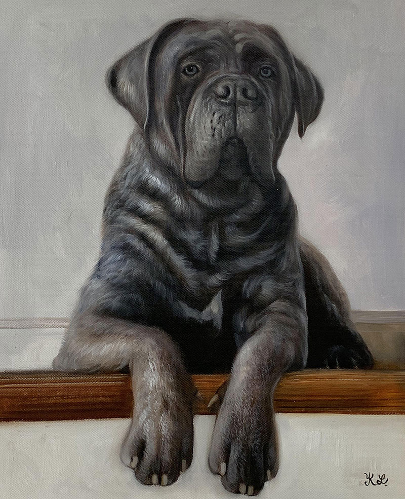 Painting of a Cane Corso dog sitting on a ledge