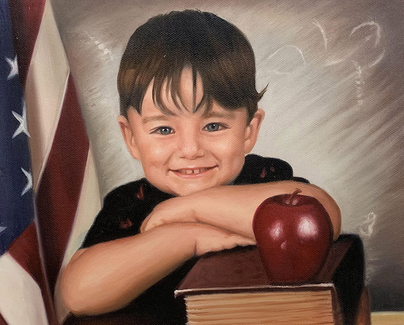Beautiful oil portrait of a little boy with an apple