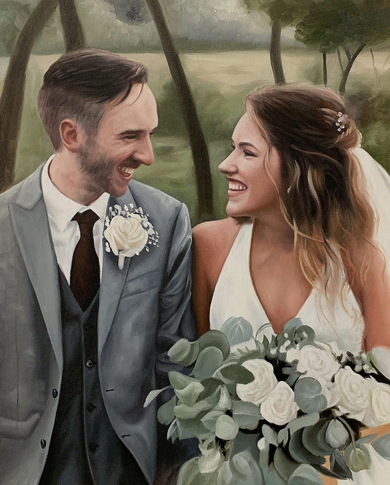 Beautiful oil painting of a bride and a groom