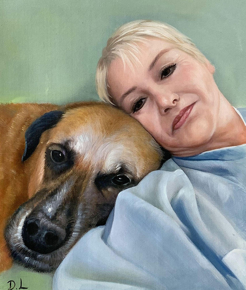 Custom oil painting of a woman with pet