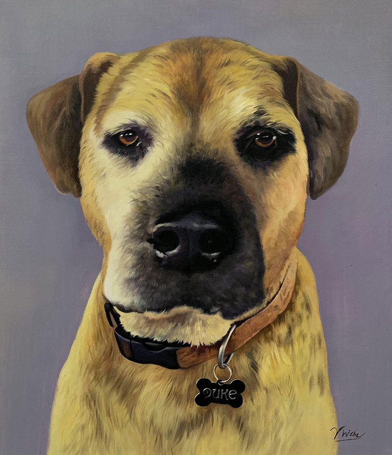 Painting of a tan dog named Duke wearing a collar with an ID tag.
