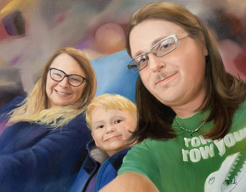 Painted portrait of a family: a woman, a man with long hair, and a young boy.