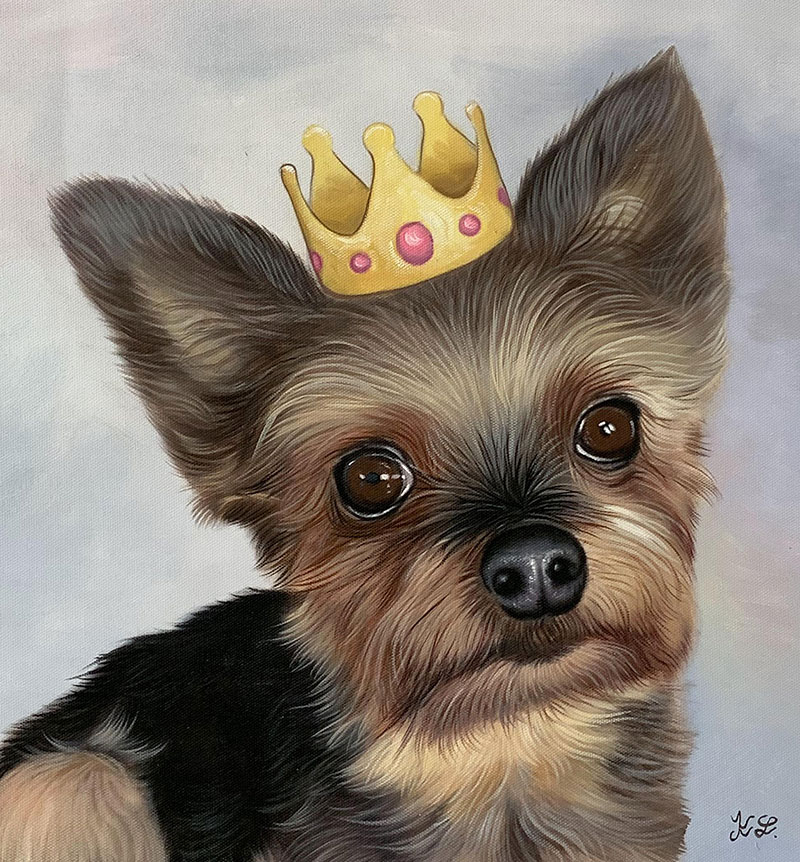 Painting of a Yorkshire Terrier wearing a gold crown.