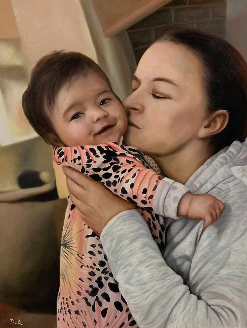 Beautiful oil painting of a mother kissing a son