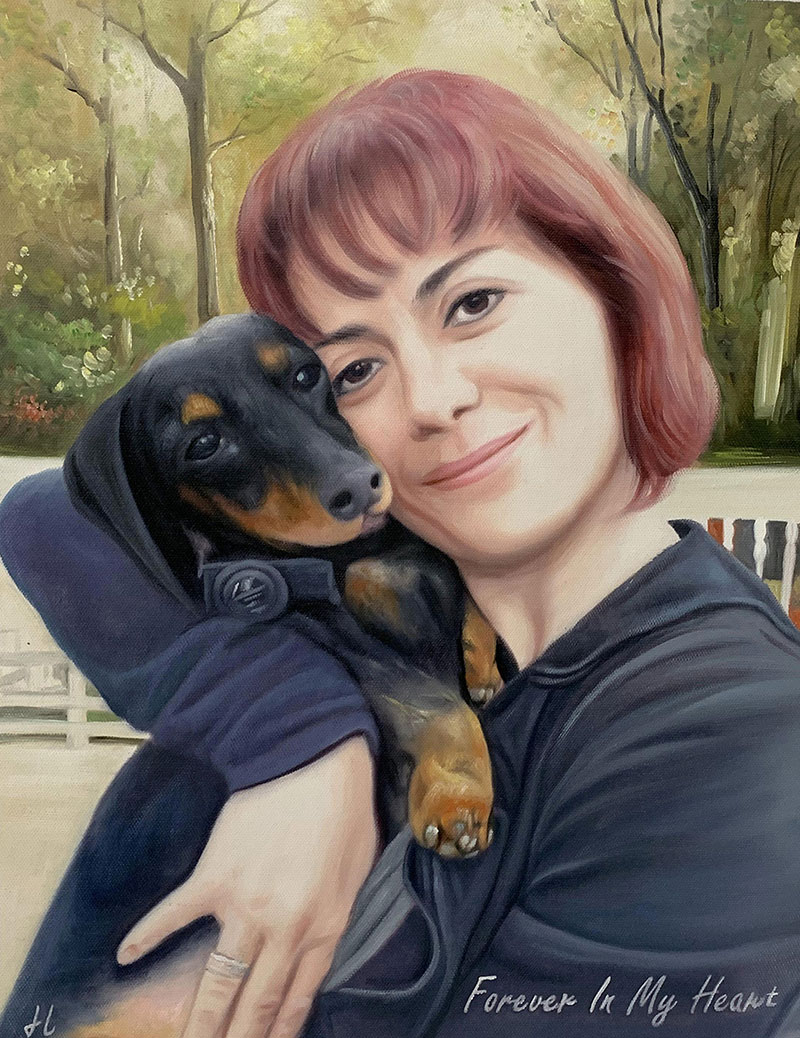 Beautiful handmade oil artwork of an adult with dog