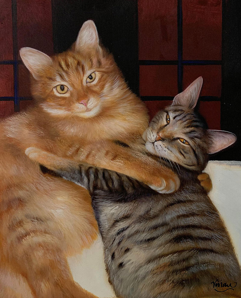 Custom handmade oil artwork of two cats