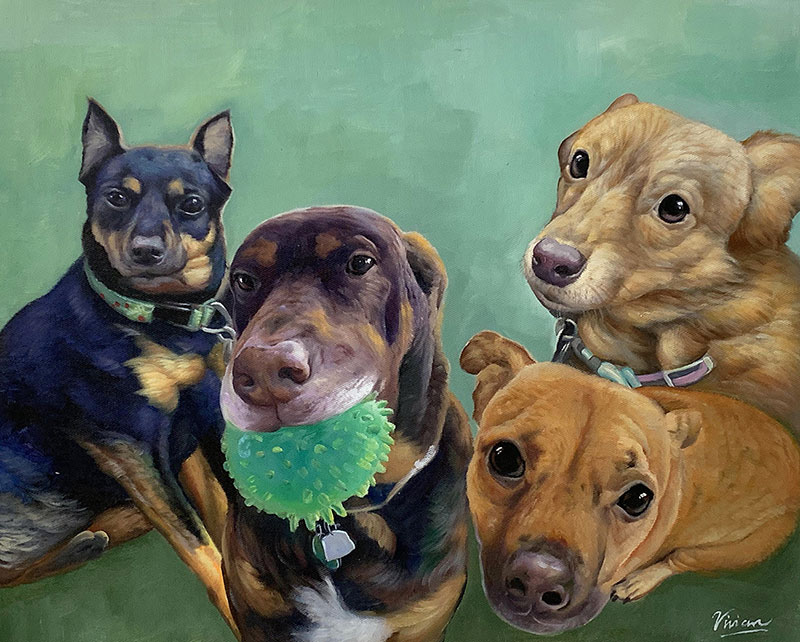 Painting of four dogs, one holding a green ball.