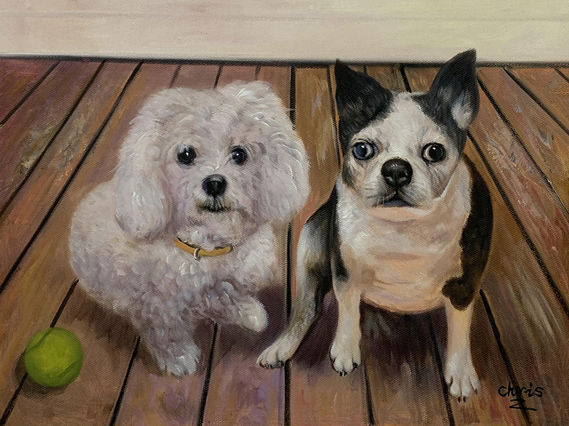 Painting of a white poodle and a Boston Terrier sitting on a wood floor, with a tennis ball.