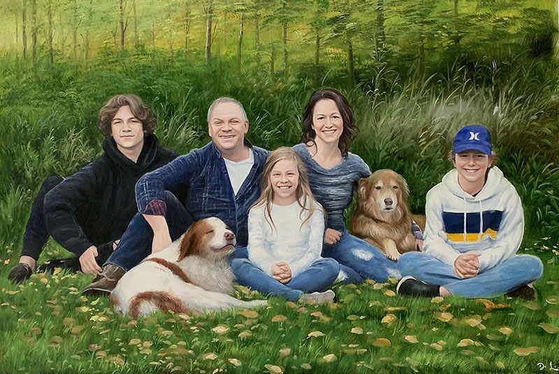 Custom oil painting of a family with two dogs
