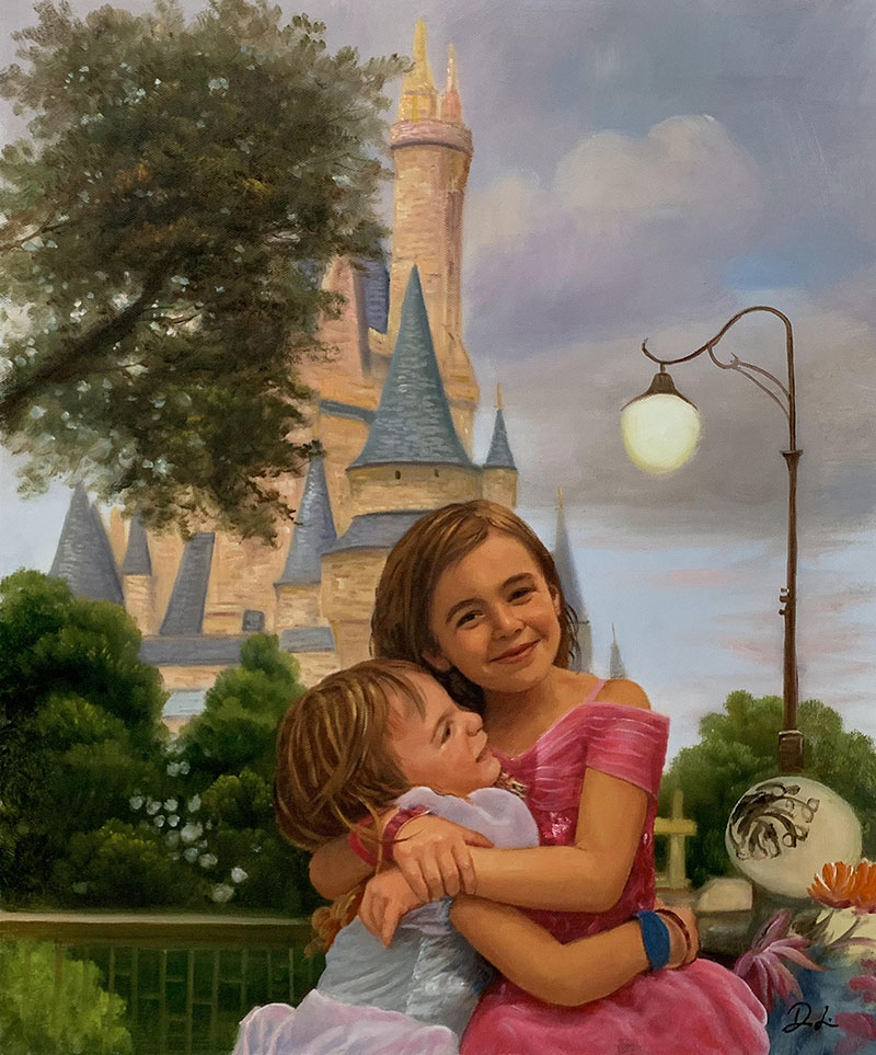 Painting of two sisters hugging in front of Cinderella Castle.