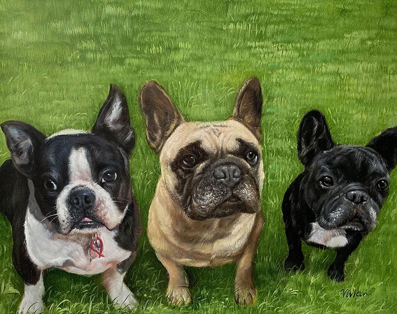 Custom handmade oil artwork of three dogs