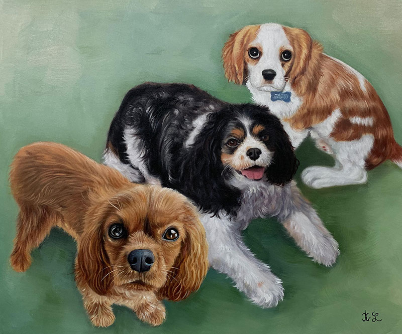 Painting of three Cavalier King Charles Spaniels.