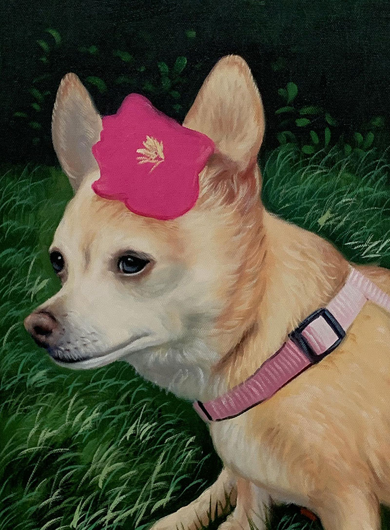 Painting of a tan chihuahua wearing a pink collar and a pink flower on its head.