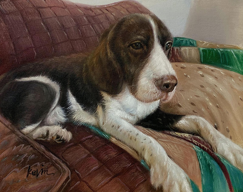 Painting of a brown and white spaniel resting on a couch