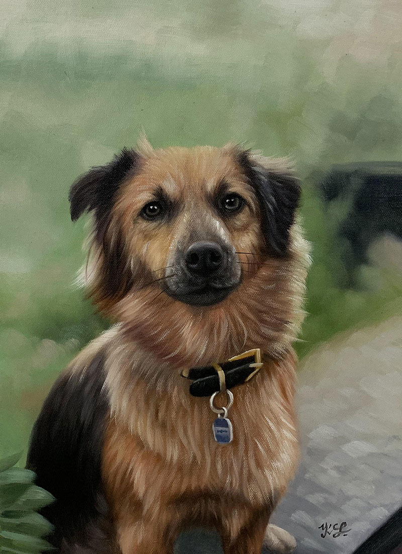 Painting of a brown and black dog wearing a collar with a tag.