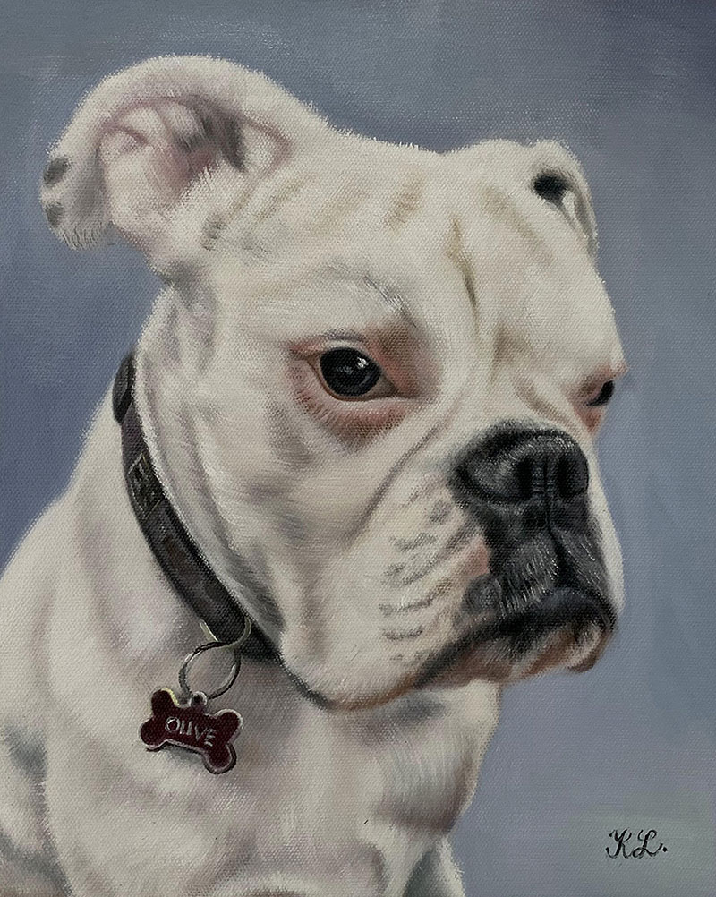 Painting of a white bulldog named Olive wearing a collar.