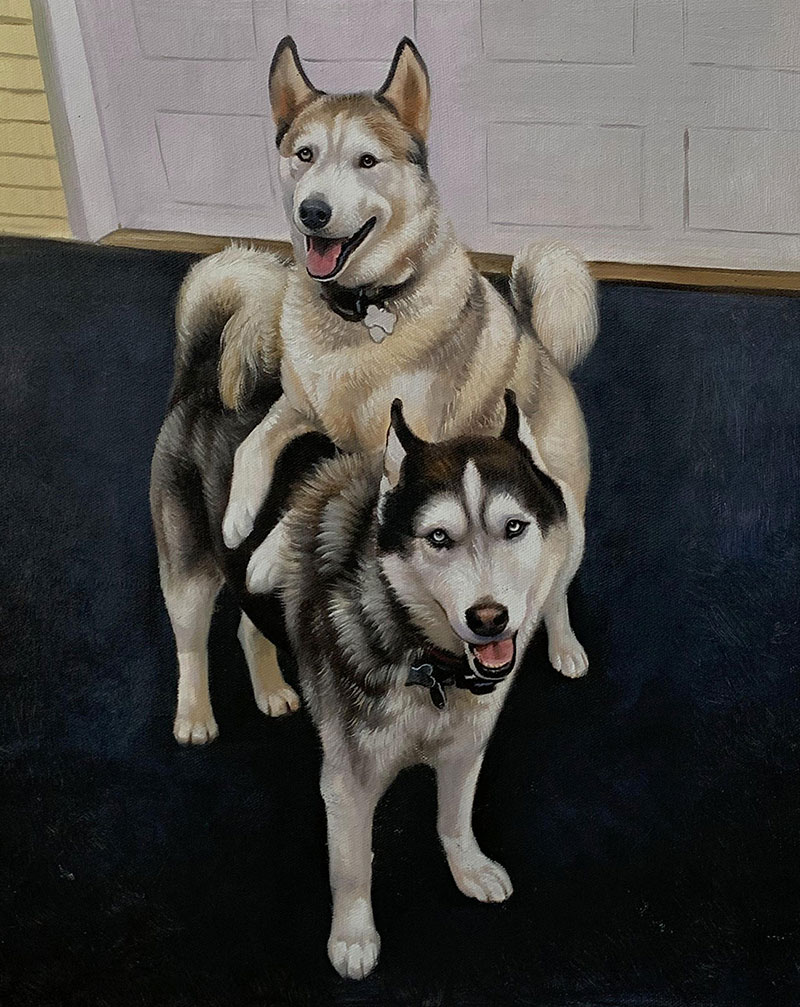Painting of two huskies, one sitting on top of the other.