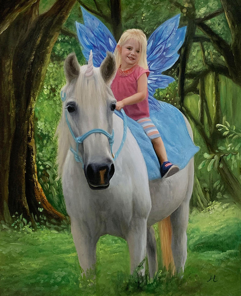 Gorgeous oil artwork of a girl riding a white horse