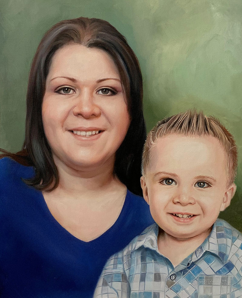 Oil painting portrait of a woman and young boy.