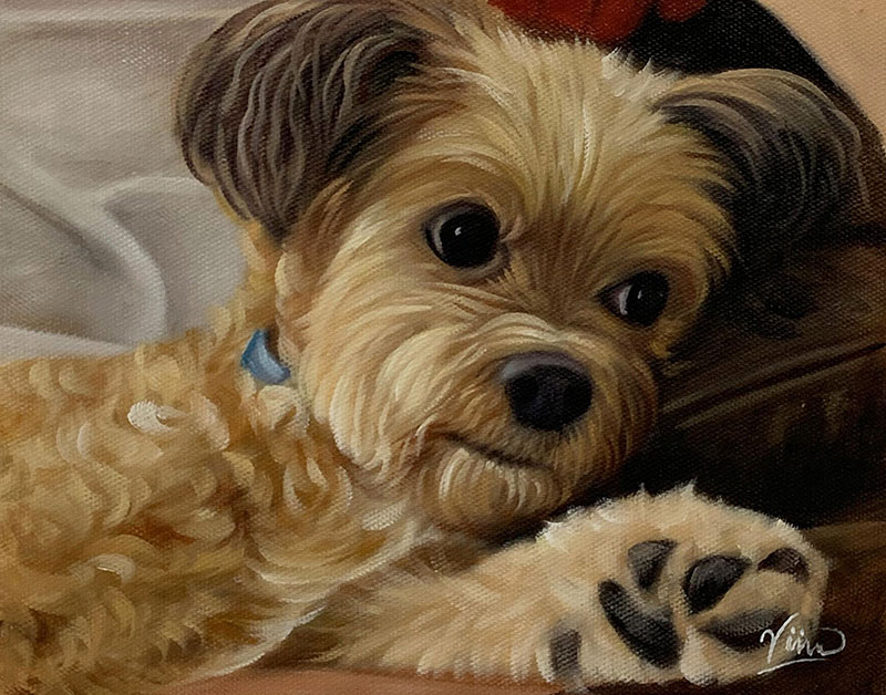 Painting of a small, light brown dog with dark eyes and paws.