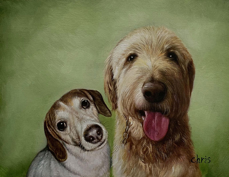 Painting of two dogs, a large light brown dog with its tongue out and a smaller Jack Russell type dog looking to the side.