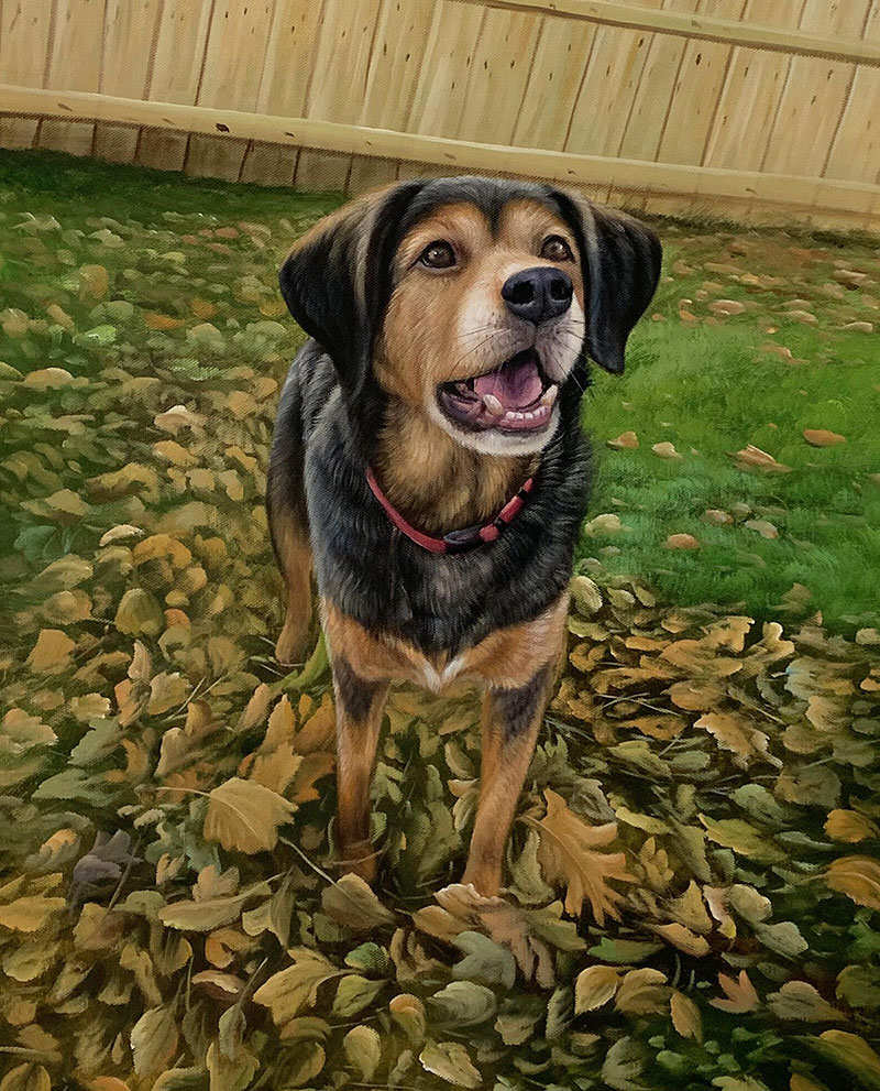Painting of a black and tan dog standing in autumn leaves.